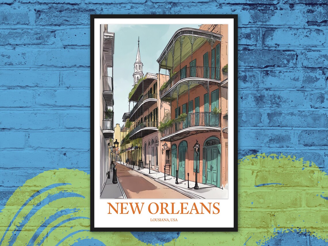 New Orleans French Quarter Balcony Street Illustration Poster