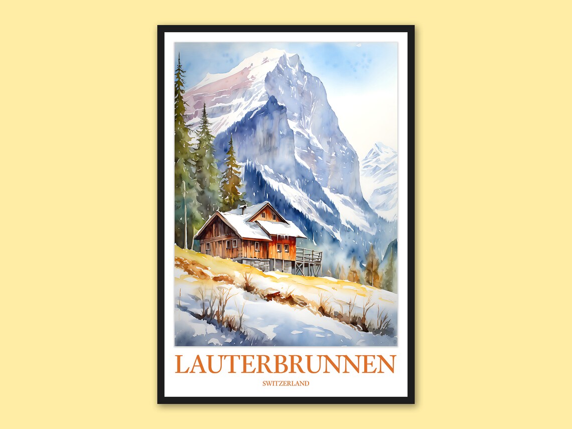 Lauterbrunnen Switzerland Snowy Wooden Chalet Crisp Daytime Poster