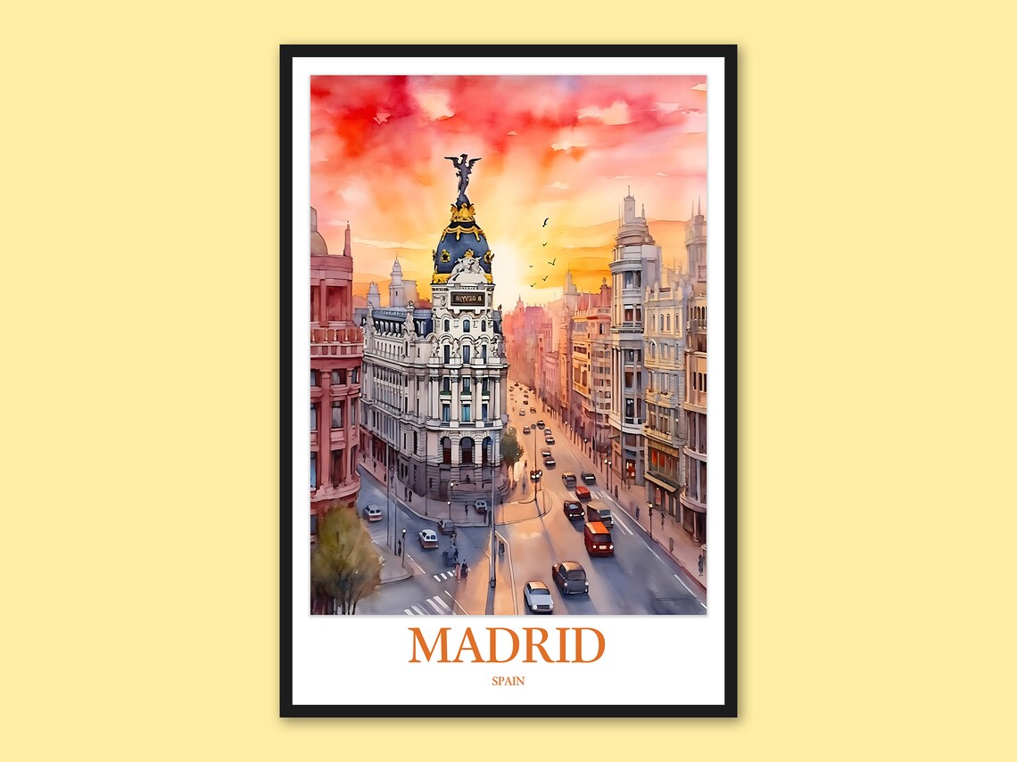 Madrid Spain Metropolis Building Sunset Watercolor Travel Poster