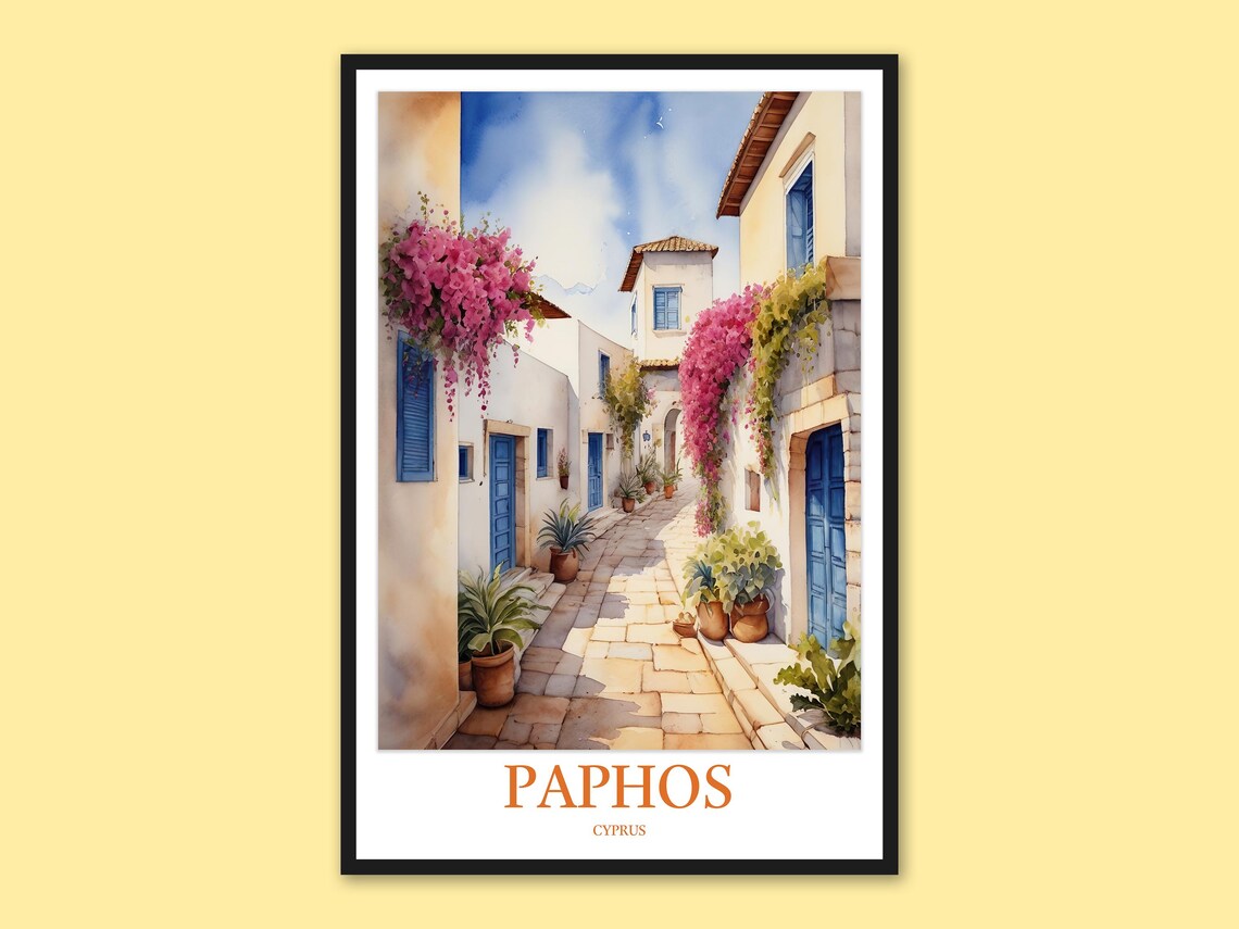 Paphos Cyprus Blue Door Bougainvillea Lane Watercolor Poster