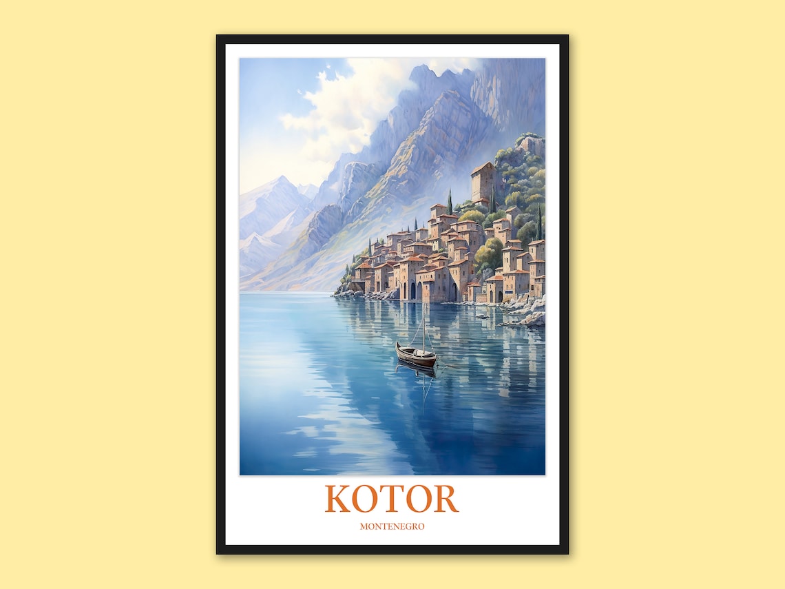 Kotor Montenegro Waterfront Town Boat Watercolor Travel Poster