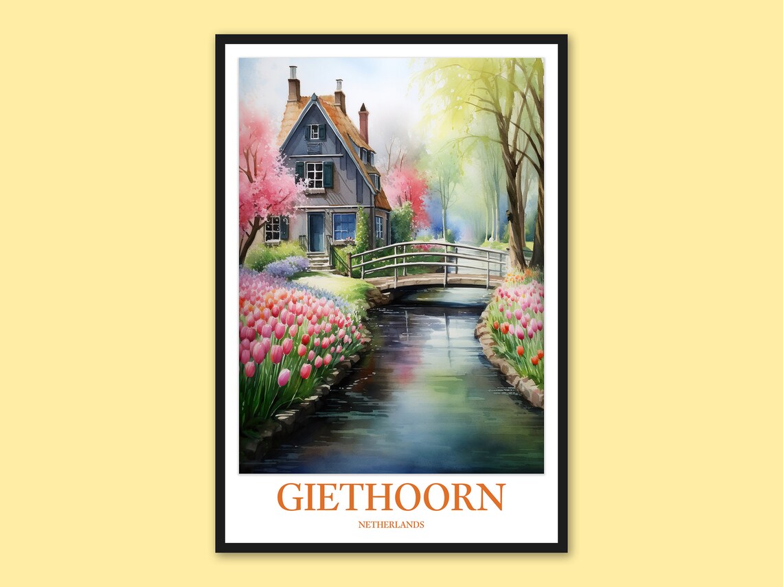 Giethoorn Netherlands Tulip Canal Cottage Spring Travel Poster Art