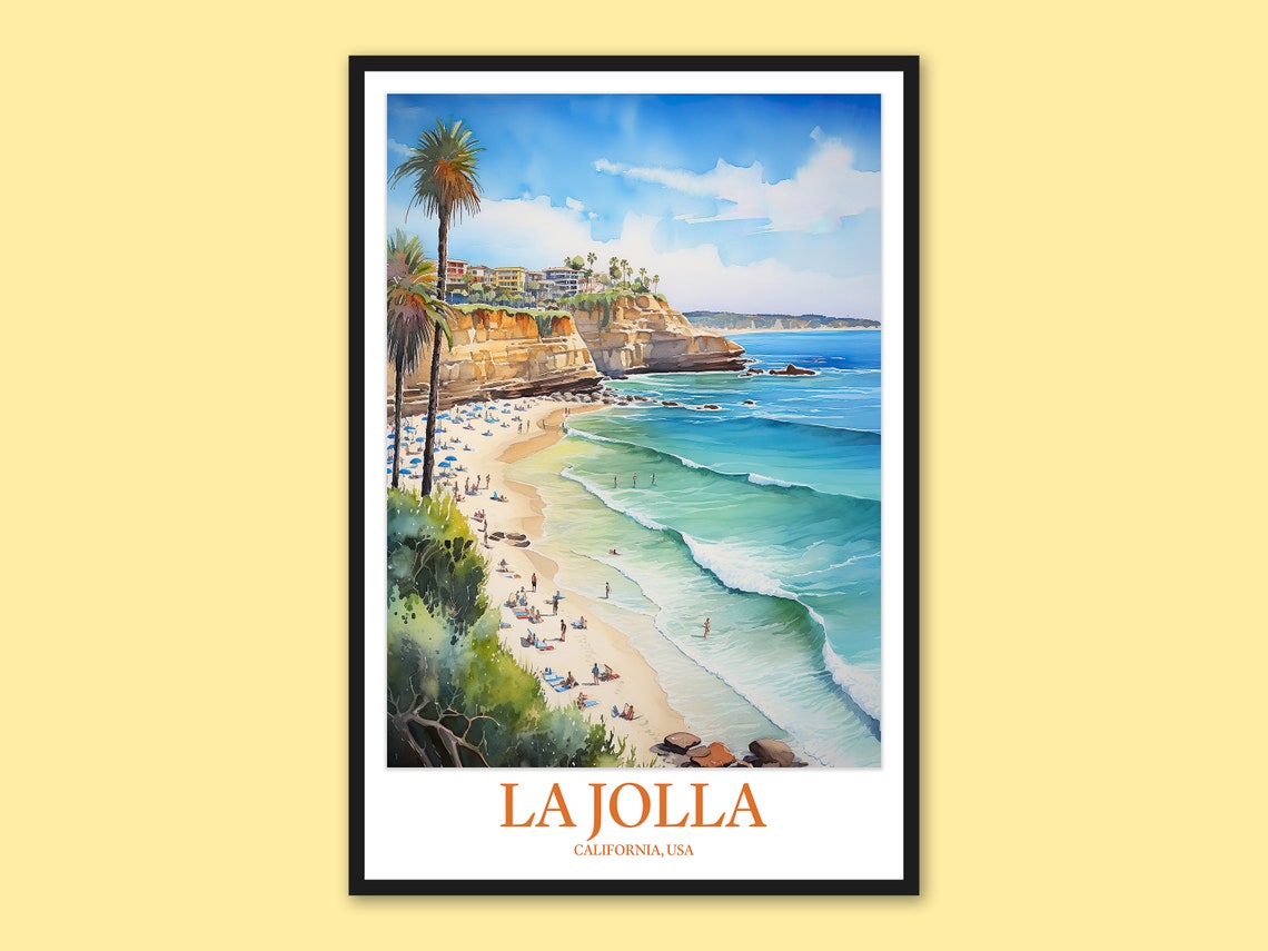 La Jolla California Beach Watercolor Cliffs Travel Art Poster
