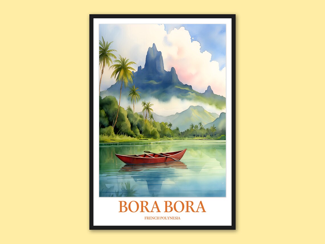 Bora Bora French Polynesia Red Canoe Palm Trees Watercolor Poster