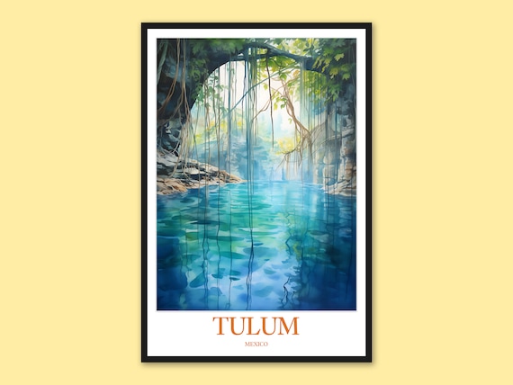 Tulum Mexico Turquoise Cenote Watercolor Jungle Travel Wall Art