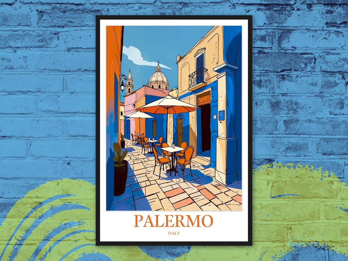 Palermo Italy Cobblestone Cafe Alley Colorful Facades Poster Art