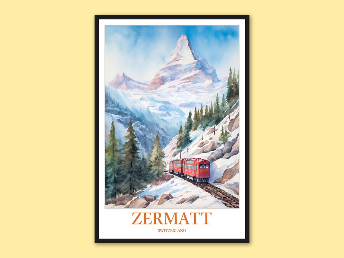 Zermatt Switzerland Matterhorn Red Train Vintage Travel Poster