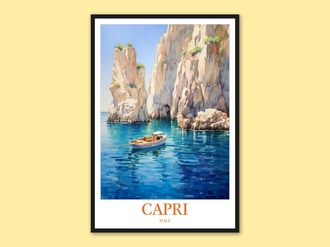 Capri Faraglioni Rock Formation Rowboat Watercolor Italy Poster