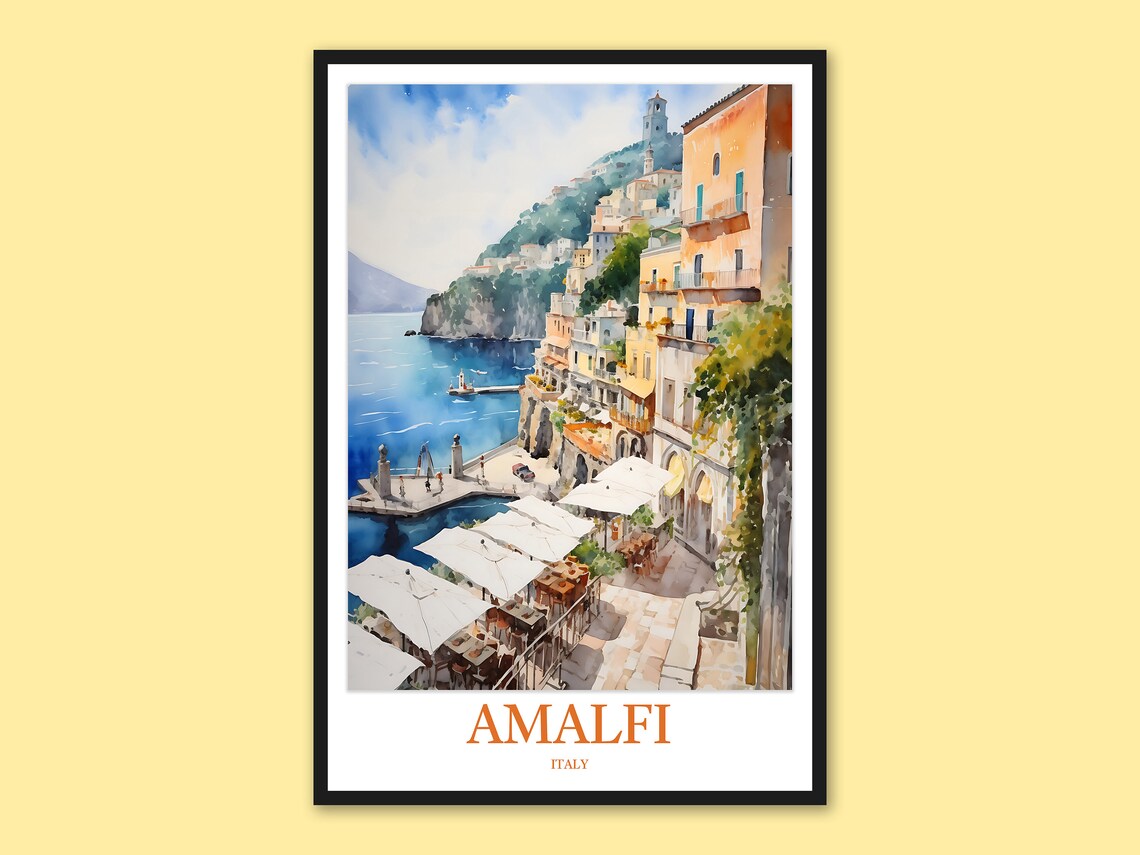 Amalfi Coast Cliffside Town Over Blue Sea Watercolor Travel Poster