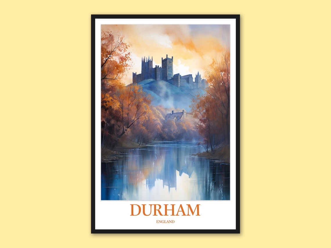 Durham Cathedral Misty Blue River Reflection Autumn Watercolor Poster
