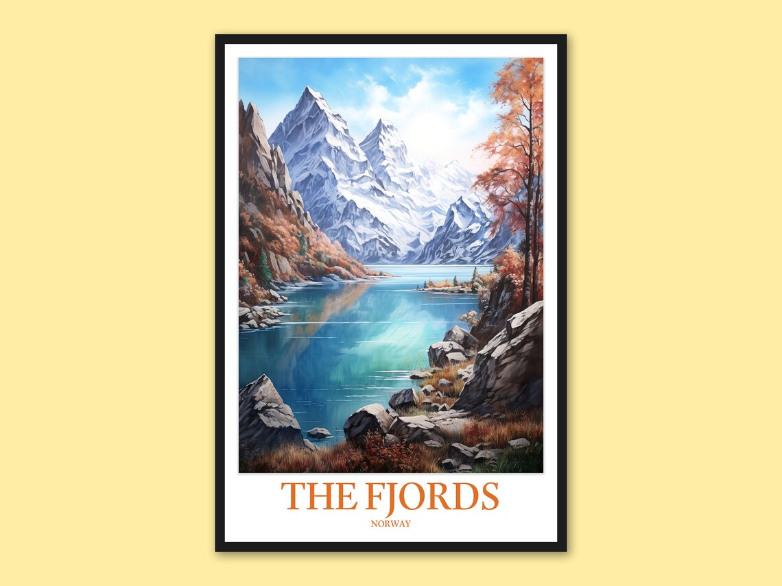 The Fjords Norway Autumn Foliage Blue Lake Mountain Travel Poster