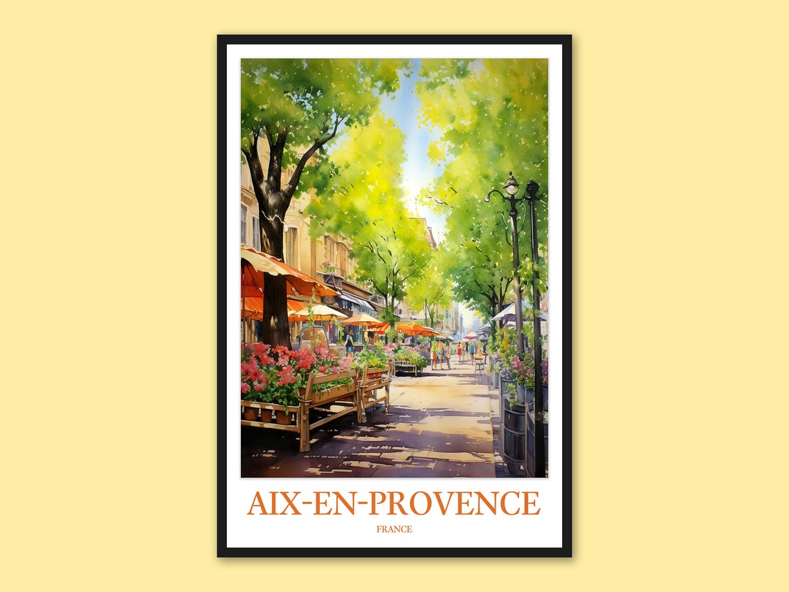 Aix-en-Provence France Flower Market Street Watercolor Travel Poster