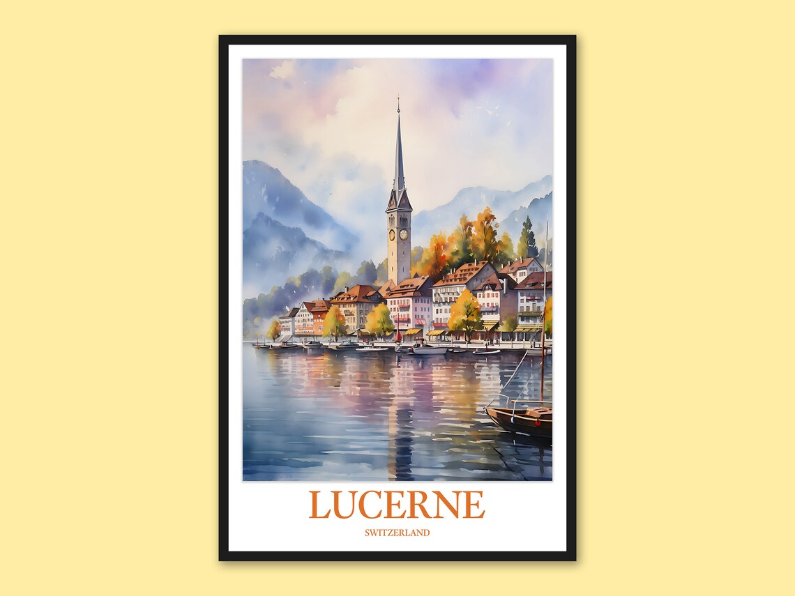 Lucerne Switzerland Lake Church Tower Watercolor Travel Poster