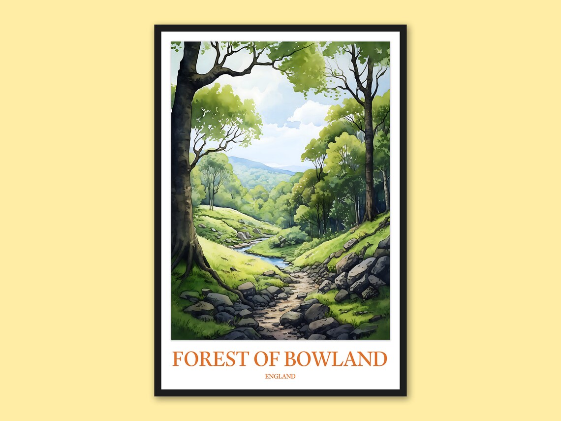 Forest Of Bowland England Woodland Stream Watercolor Travel Poster