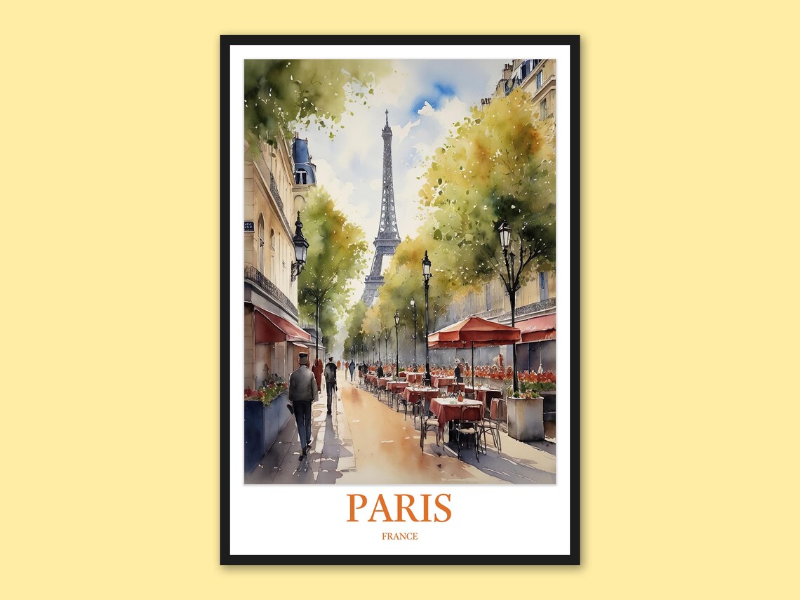 Paris Eiffel Tower Street Cafe Watercolor Travel Wall Poster