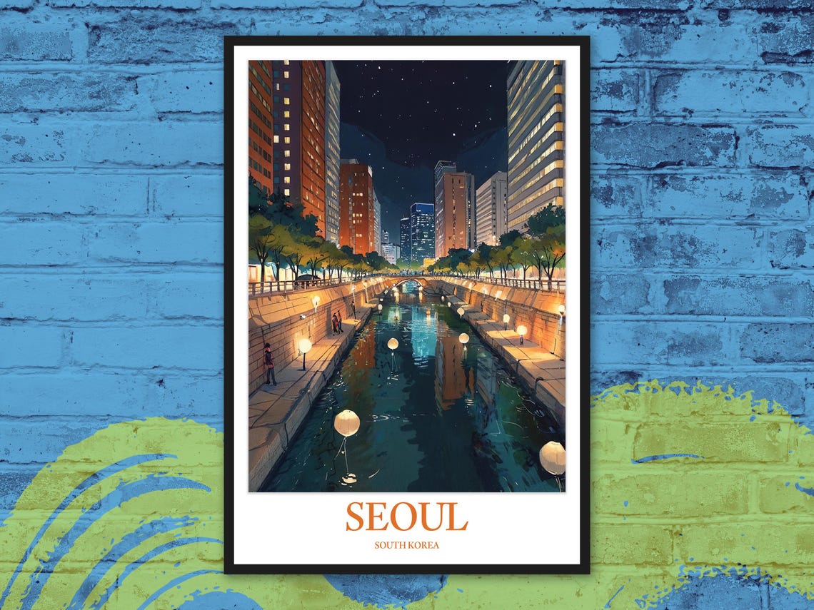 Seoul Night Stream Cheonggyecheon Lantern Path City Travel Poster