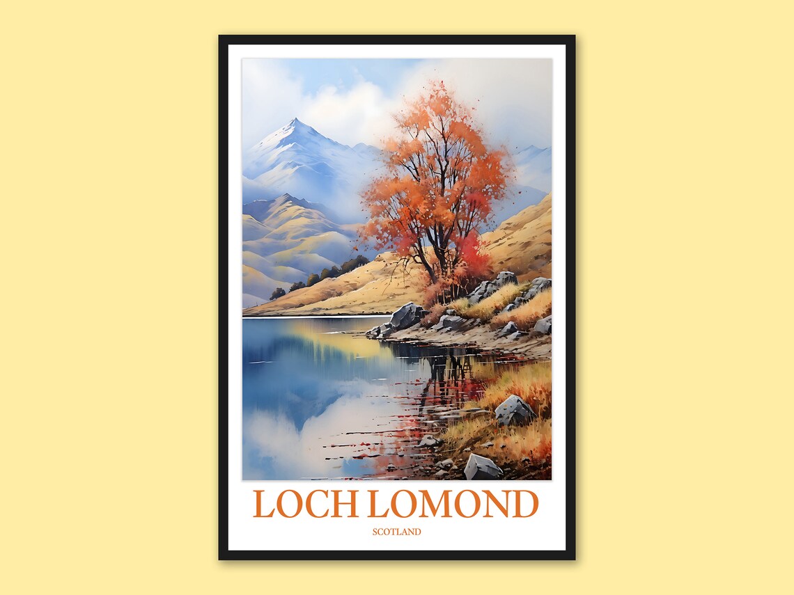Loch Lomond Scotland Watercolor Red Tree Snow Peak Lake Travel Print