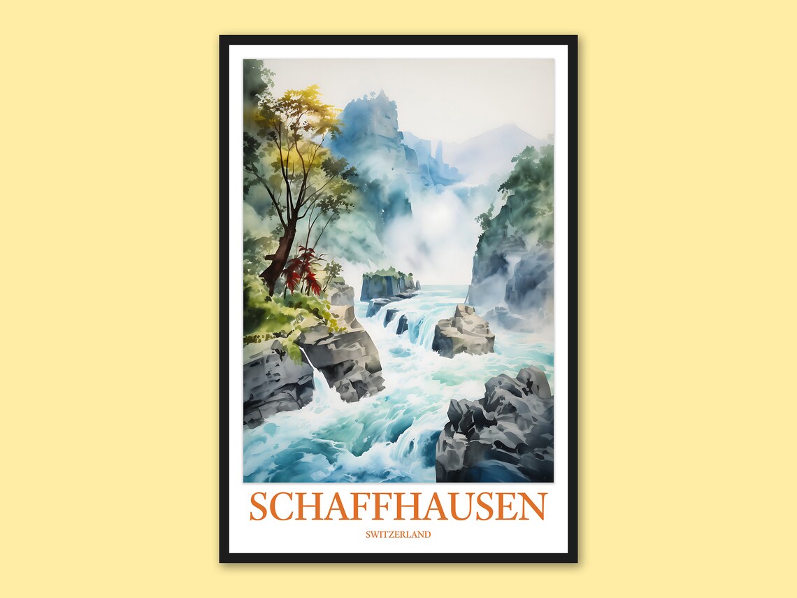 Schaffhausen Switzerland River Rapids Watercolor Travel Poster