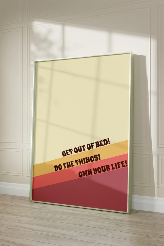 Get Out Of Bed Retro Color Print Inspiring Quote Poster Trendy Motivational Wall Art Aesthetic Dorm Wall Decor Uplifting Artwork