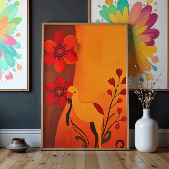 Minimal Bird Wall Art Modern Folk Print Orange Floral Scandinavian Illustration Abstract Nature Decor