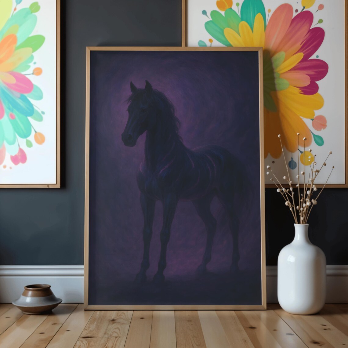 Black Horse Dark Gothic Wall Art Moody Night Stallion Portrait Painting