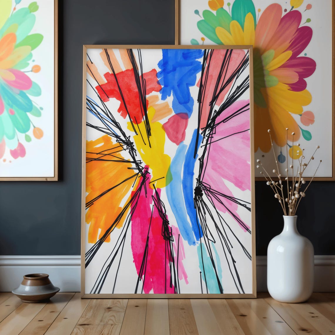 Abstract Line Art Color Splash Modern Minimal Print Expressive Brush Stroke Wall Contemporary Colorful Artwork