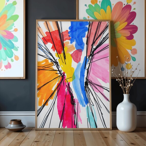 Abstract Line Art Color Splash Modern Minimal Print Expressive Brush Stroke Wall Contemporary Colorful Artwork