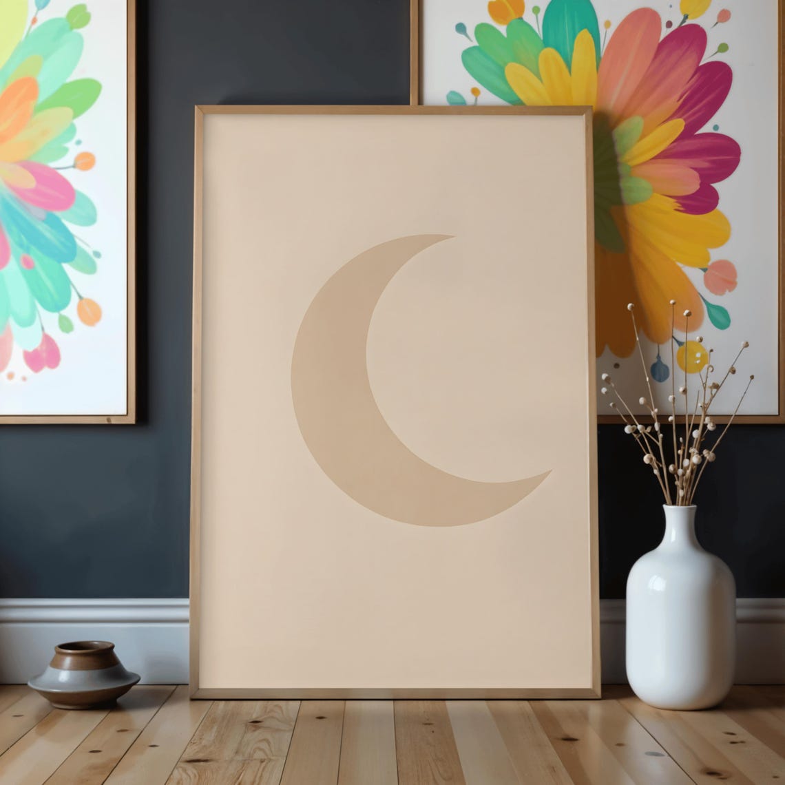Minimalist Beige Crescent Moon Poster for Boho Style Interiors Art