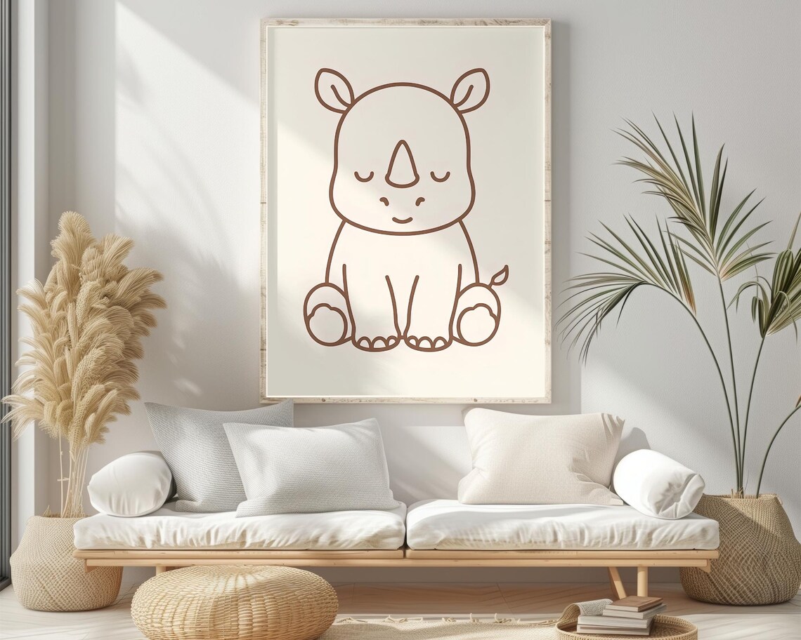 Baby Rhino Minimal Line Drawing Cute Safari Nursery Wall Art