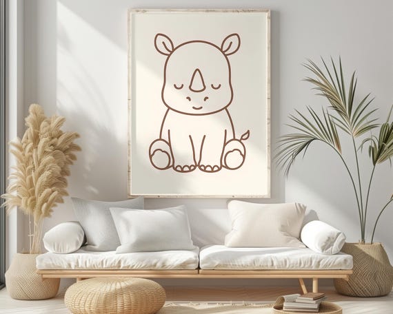 Baby Rhino Nursery Wall Art Minimal Line Print Cute Safari Animal Decor Neutral Scandinavian Kids Room