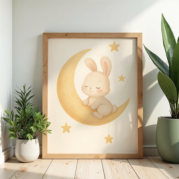 Sleeping Bunny Moon Print Pastel Nursery Wall Art