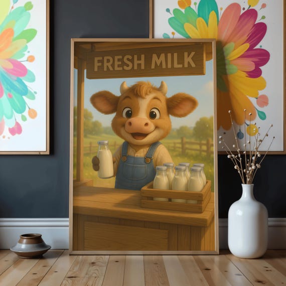 Cute Cow Milk Stand Nursery Wall Art Farm Animal Baby Decor Kids Room