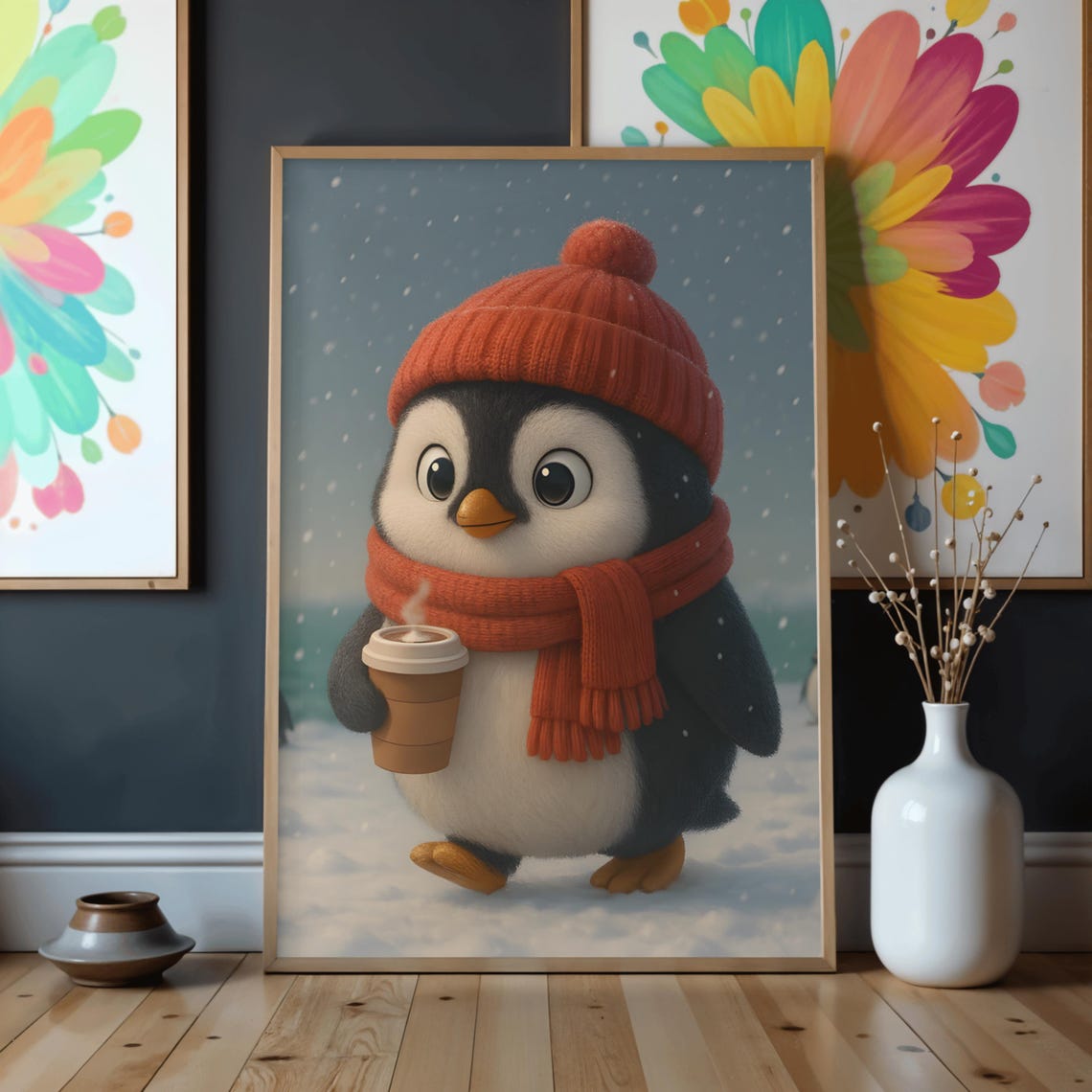 Cute Winter Penguin Baby Takeaway Coffee Snowy Christmas Wall Art