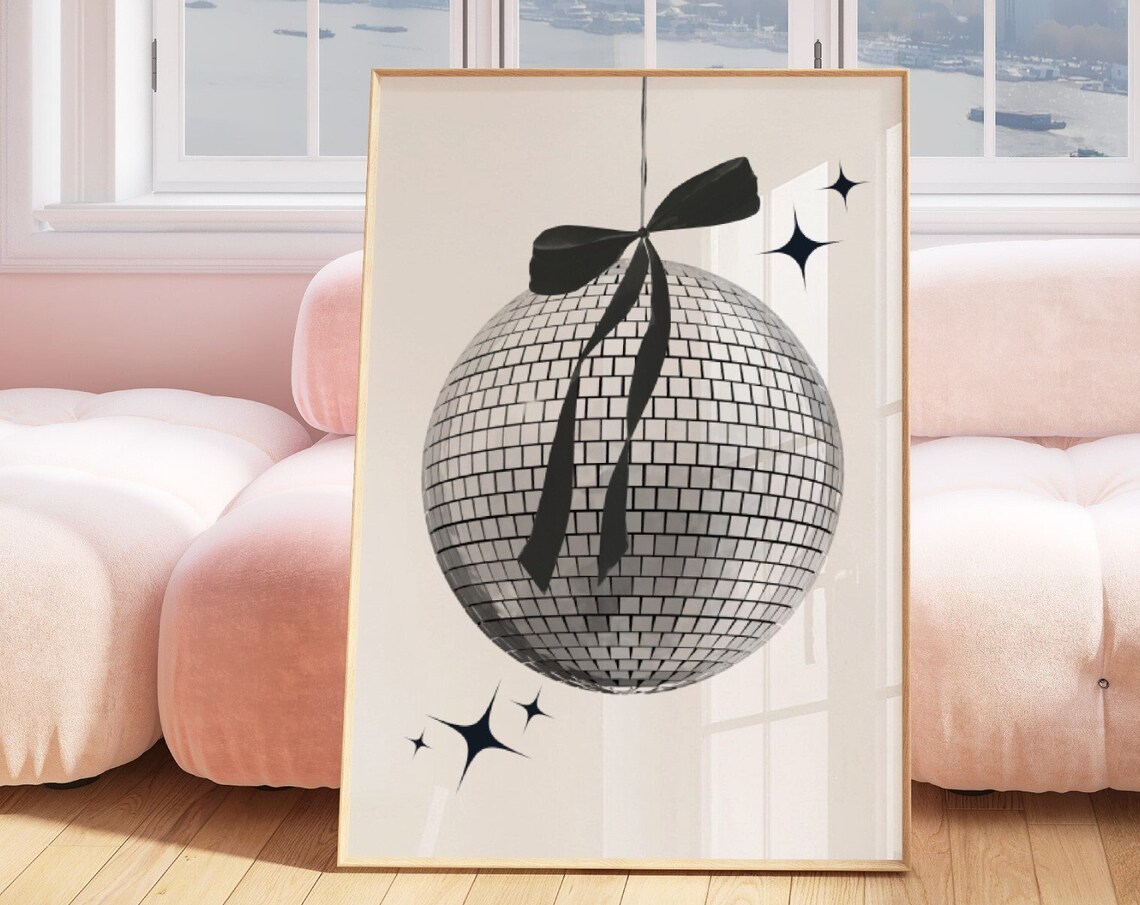 Disco Ball Vintage Retro Poster Print, Black And White