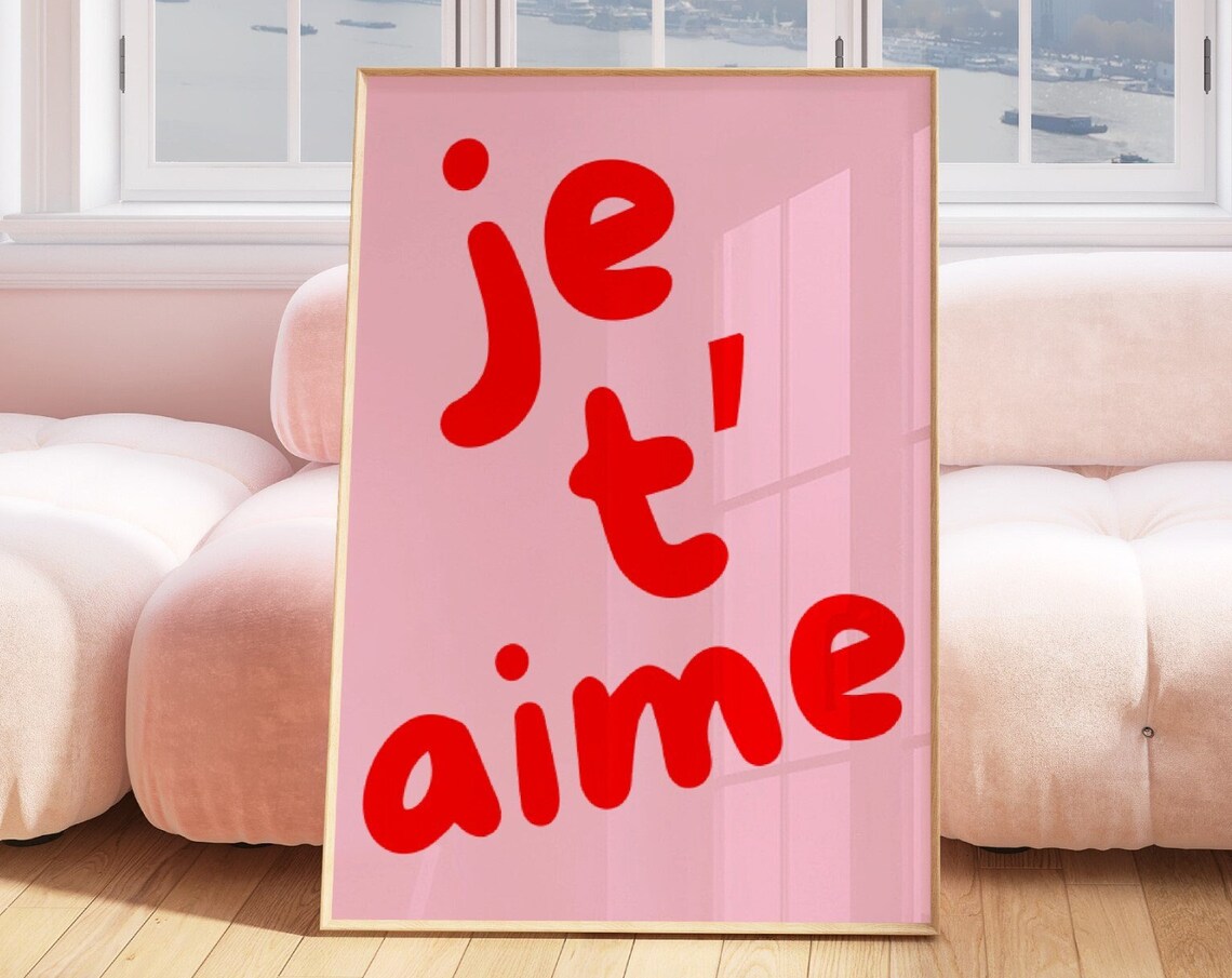 Je Taime French I Love You Red Bubble Lettering Pink Quote Poster