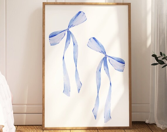 Blue Watercolor Ribbon Bow Pair Preppy Coquette Elegant Nursery Print