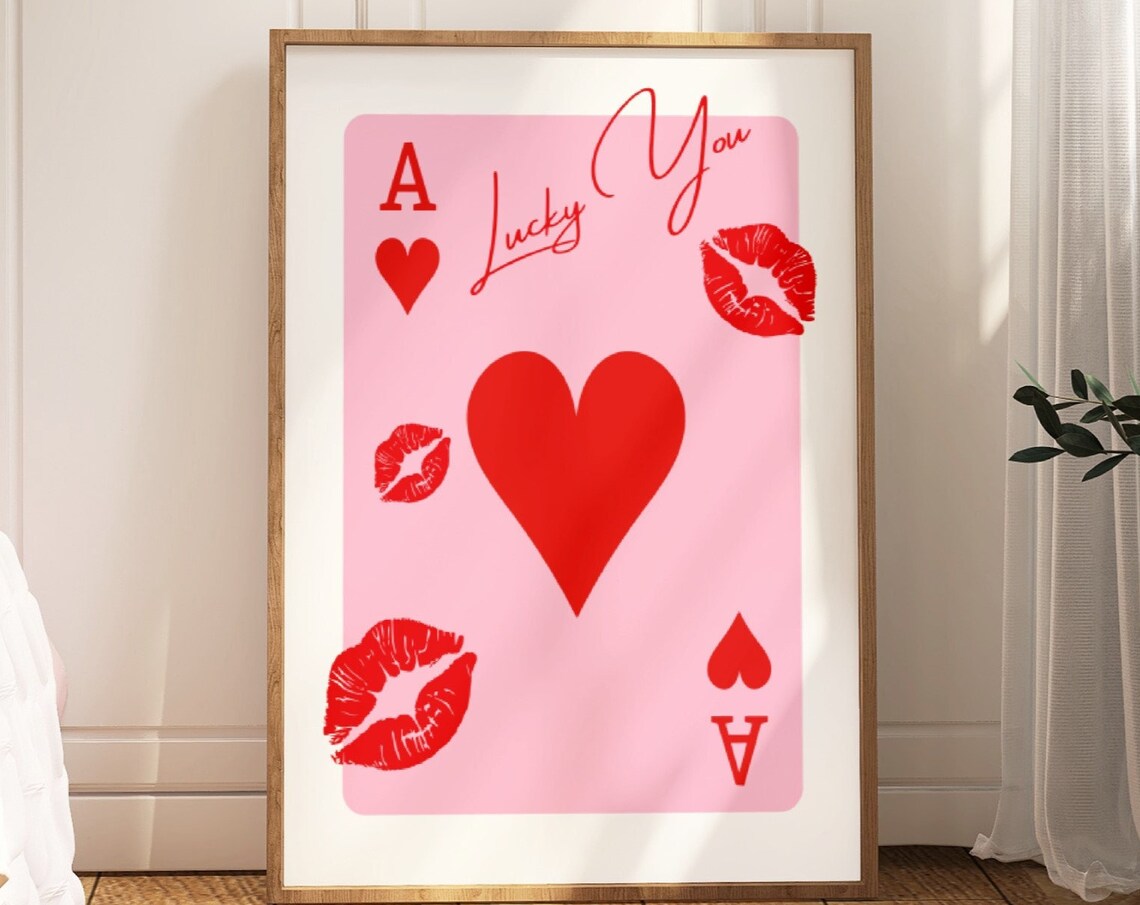 Lucky You Red Ace Of Hearts Poster Lipstick Kiss Retro Card Art