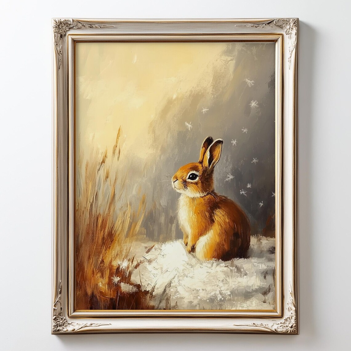 Cozy Winter Rabbit Portrait in Snowy Field Vintage Oil Painting Poster