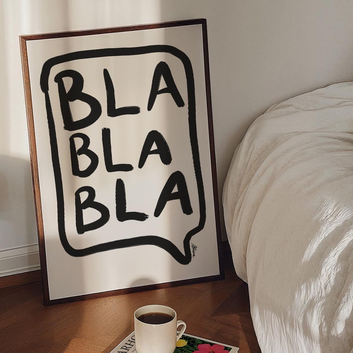 Bla Bla Bla Speech Bubble Hand Lettered Black White Funny Wall Poster