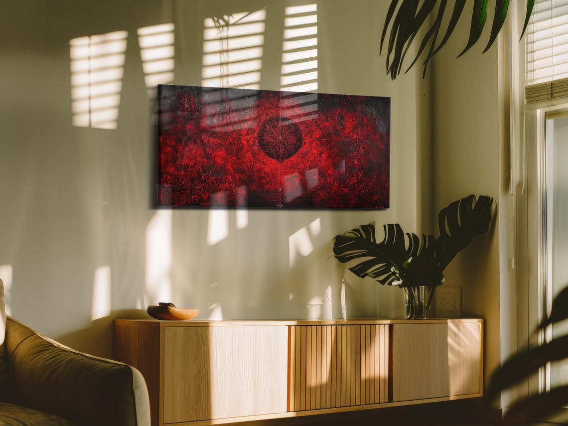 Fiery Red Abstract Ornamental Mandala Symbol Dark Art Poster - Image 3