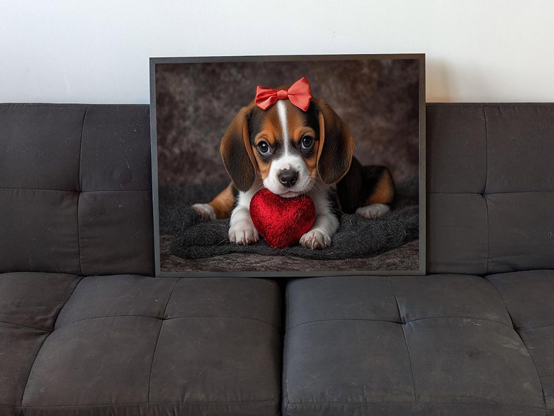 Adorable Beagle Puppy With Red Bow Holding Heart Valentines Art Poster - Image 4