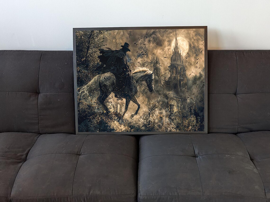 Dark Horseman White Horse Gothic Castle Full Moon Halloween Art Poster - Image 4