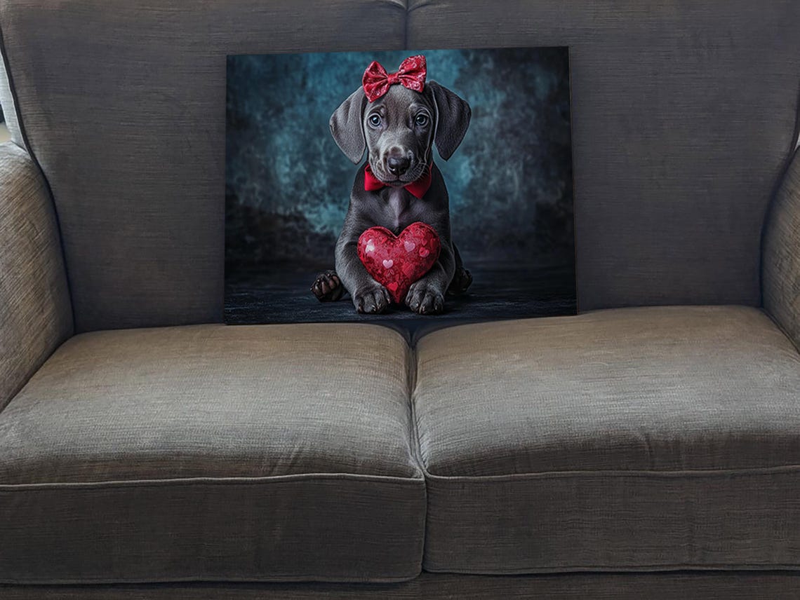 Elegant Weimaraner Puppy With Red Bow Holding Heart Valentines Poster - Image 5