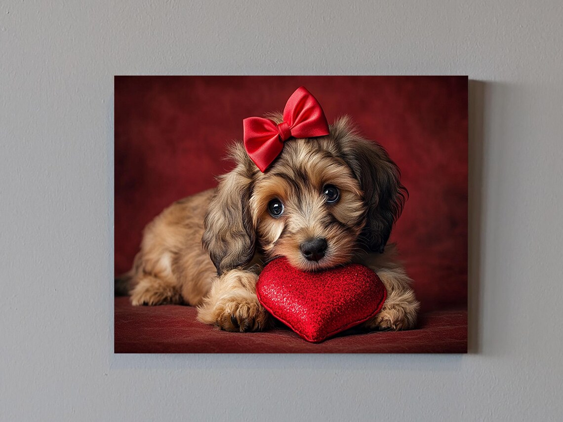 Adorable Cockapoo With Red Heart, Valentine's Day Decor