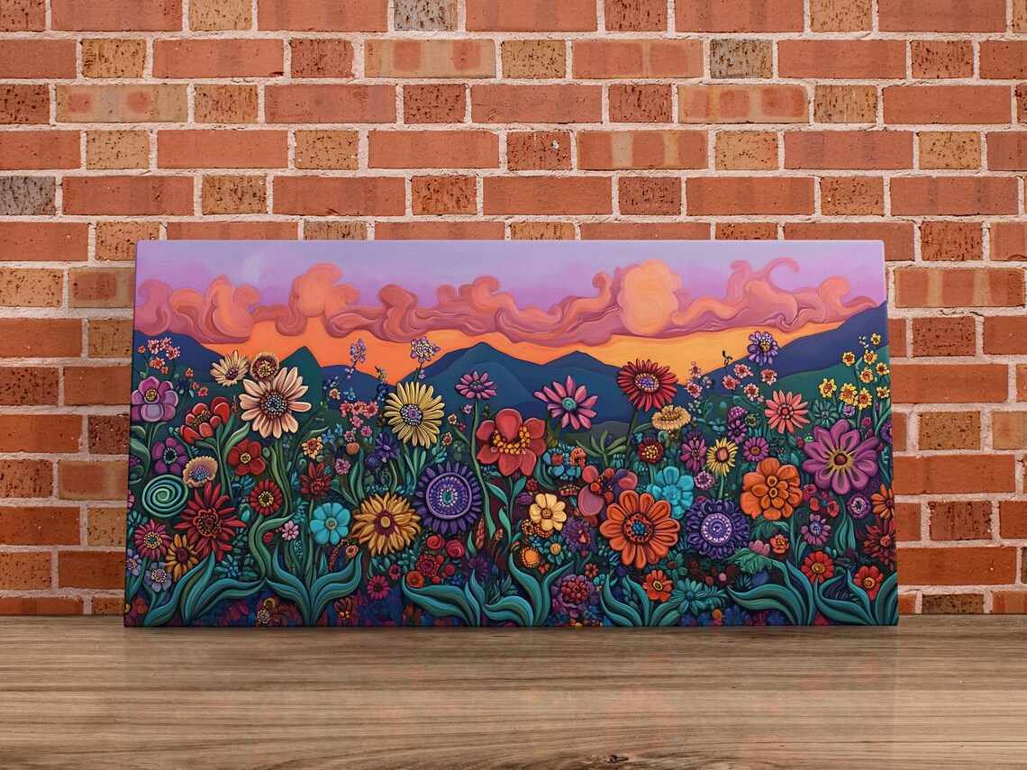 Wildflower Sunset Field Swirling Orange Sky Mountain Floral Art Poster