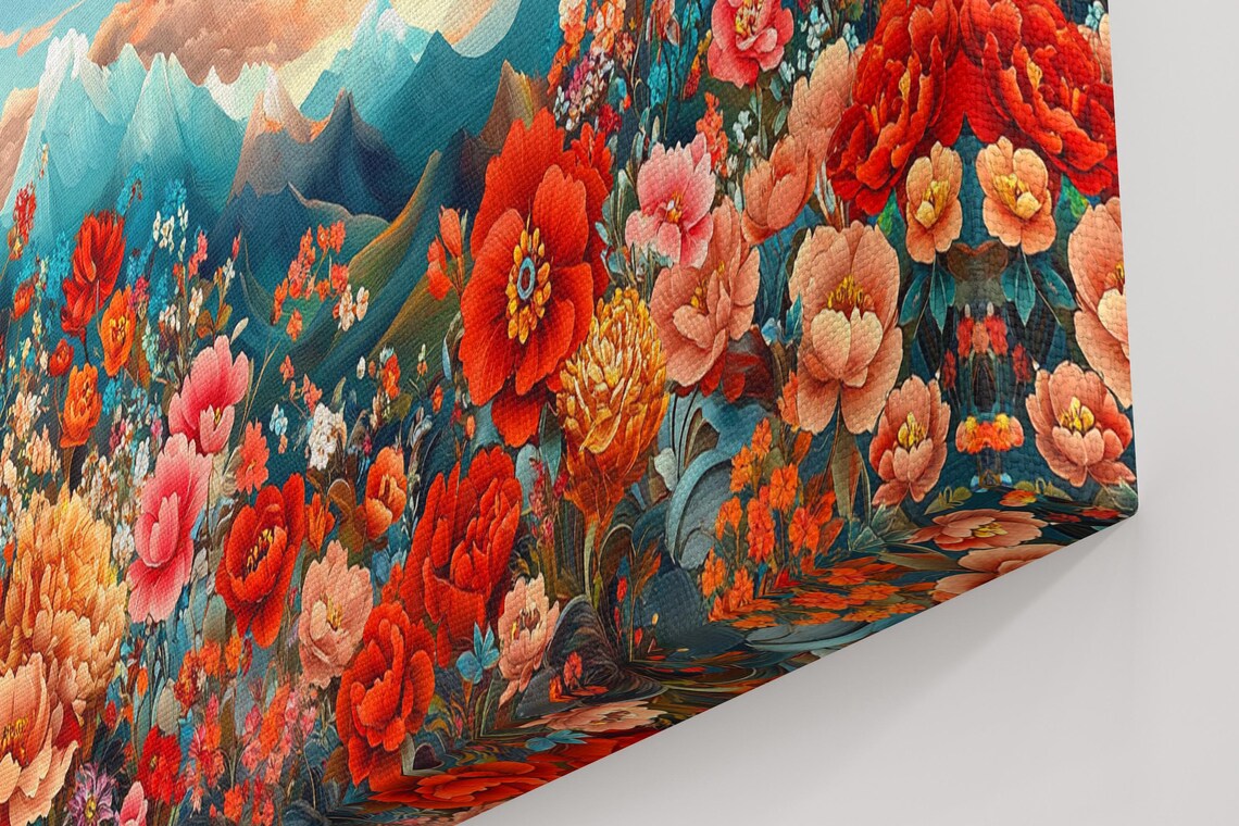 Spring Blossom Field Mountain View Colorful Floral Landscape Art Poster - Image 4