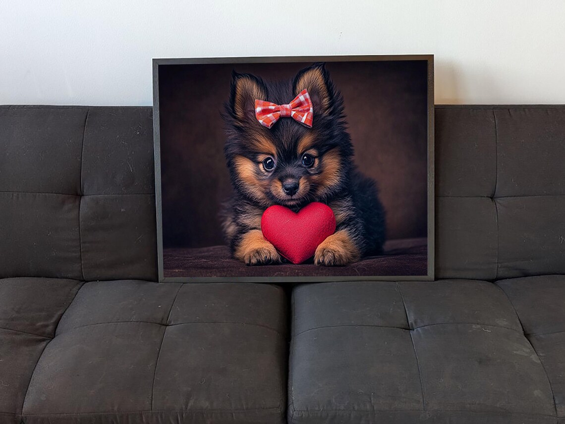 Pomeranian Puppy With Red Bow Holding Heart Valentines Day Art Poster - Image 4