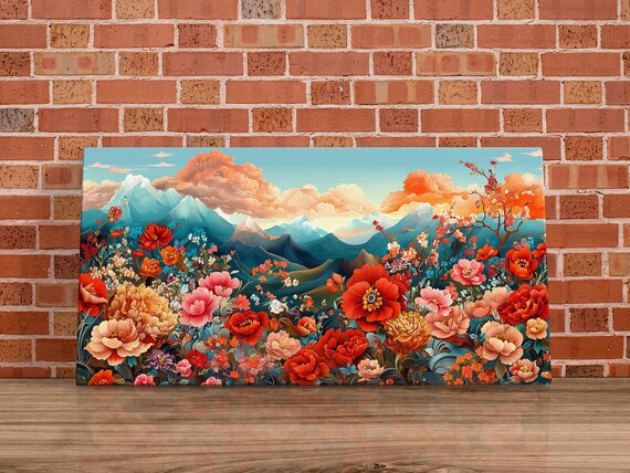 Spring Blossom Field Mountain View Colorful Floral Landscape Art Poster