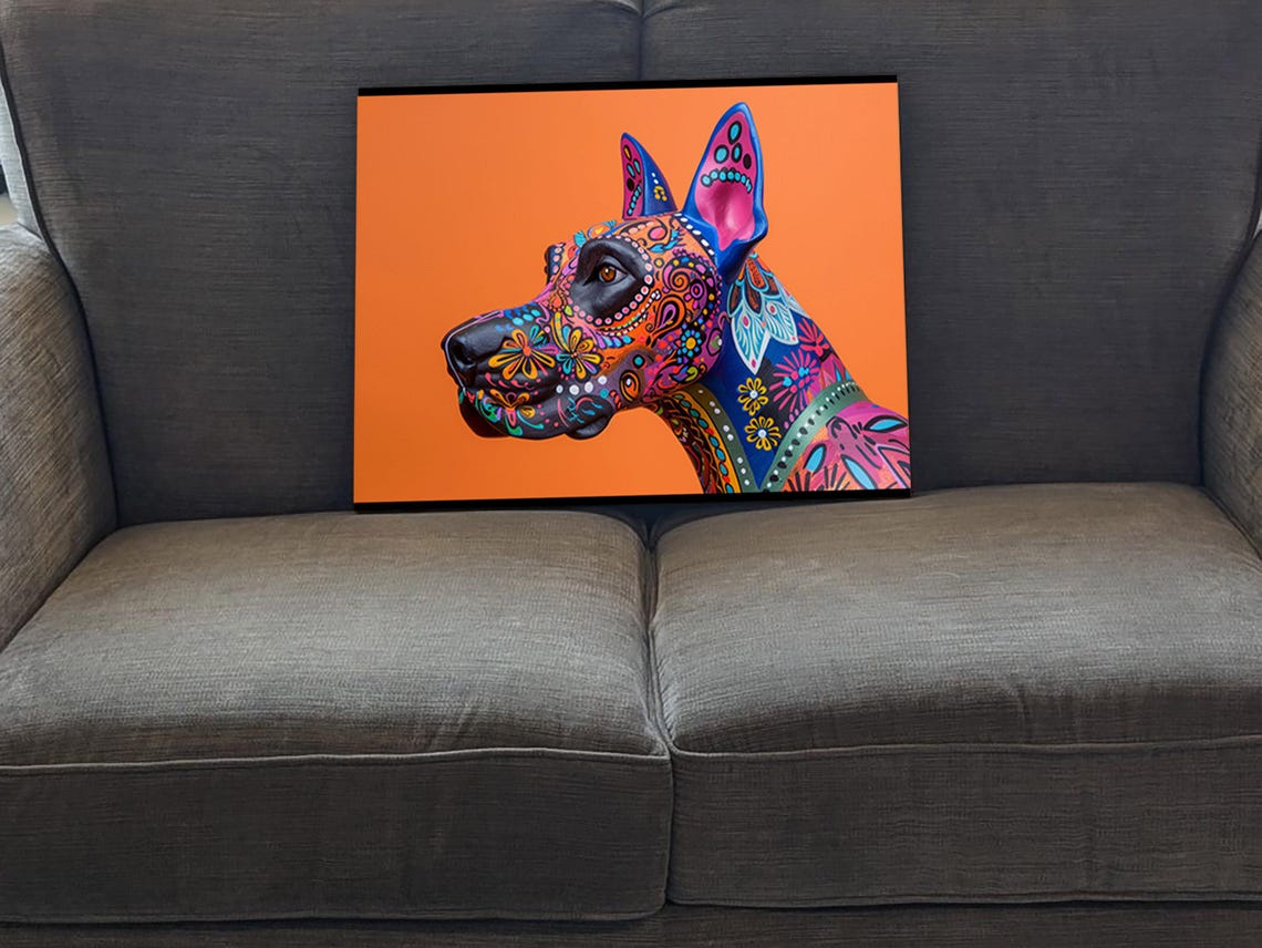 Great Dane Alebrije Colorful Floral Patterns Orange Background Poster - Image 5