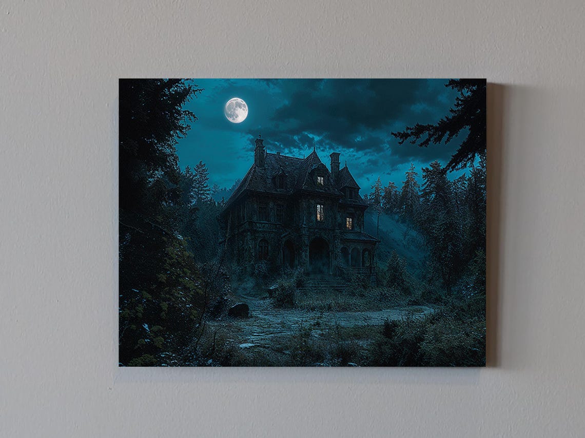 Abandoned Haunted Mansion Full Moon Night Dark Forest Spooky Poster